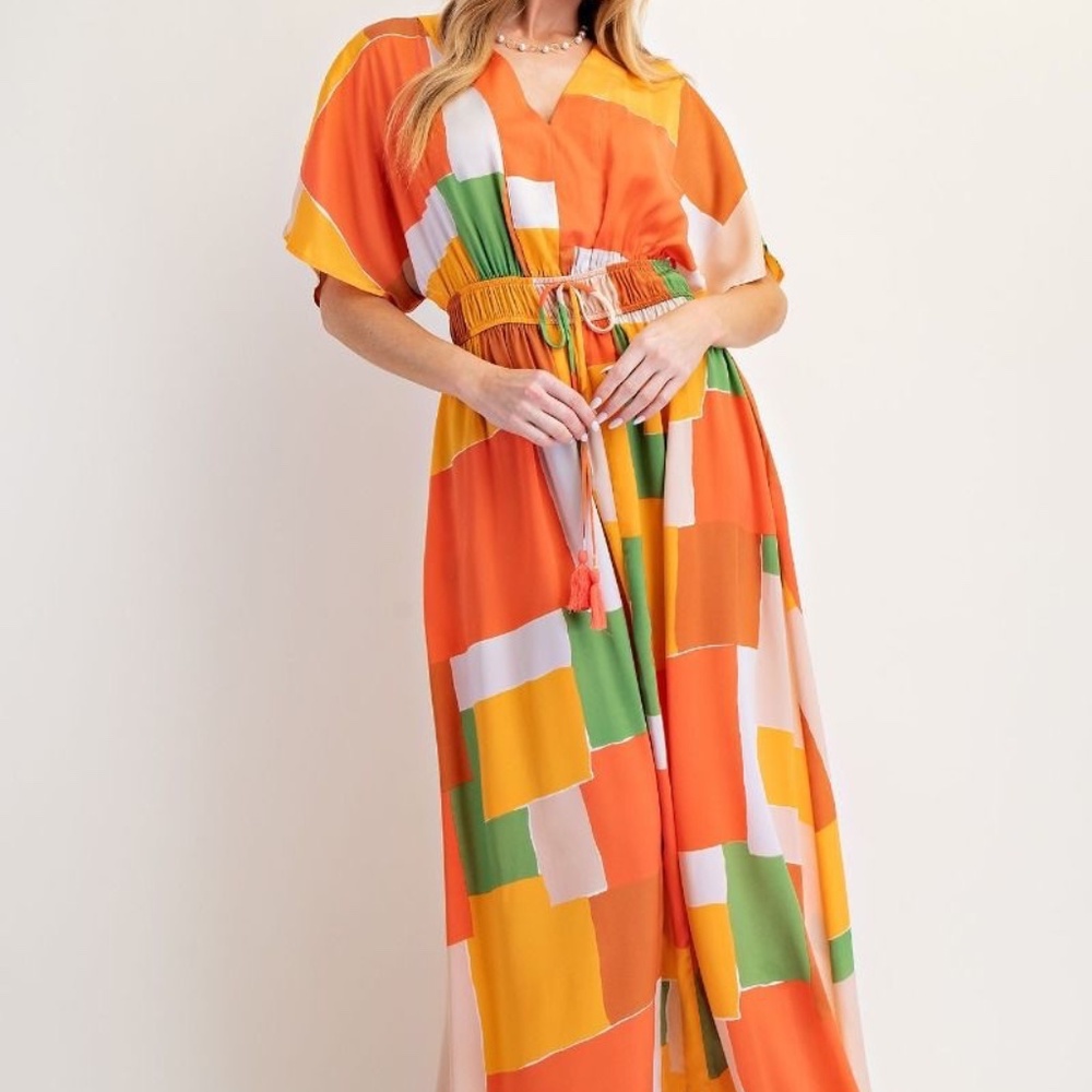 NEW EASEL LA GEO PRINT MIRABEL SATIN MAXI DRESS SMALL RELAXED FIT FLOWY